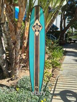 7FT Wood Surfboard Wall Art Turqouise Hawaiian Decor Surfing Turtle Hibiscus