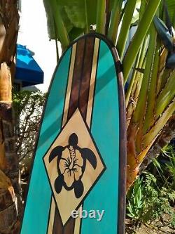7FT Wood Surfboard Wall Art Turqouise Hawaiian Decor Surfing Turtle Hibiscus