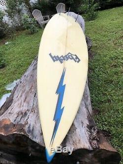 Hawaiian Lightning Bolt Surfboard shaped by Tom Eberly. 7-2 Tri-Fin Pintail