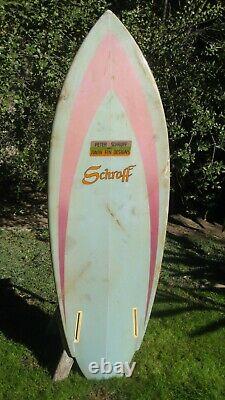 Vintage, 1980s era, Peter Schroff surfboard twin-fin colorful 5'-6
