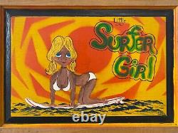 Vintage Old 1960s California Surfer Girl Surfing Surfboard Airbrush Painting
