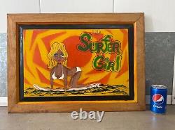 Vintage Old 1960s California Surfer Girl Surfing Surfboard Airbrush Painting
