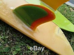 Vtg 1970's Twin Fin Fish Surfboard TERRY INGHAM with Stringer & Rainbow Fins 73
